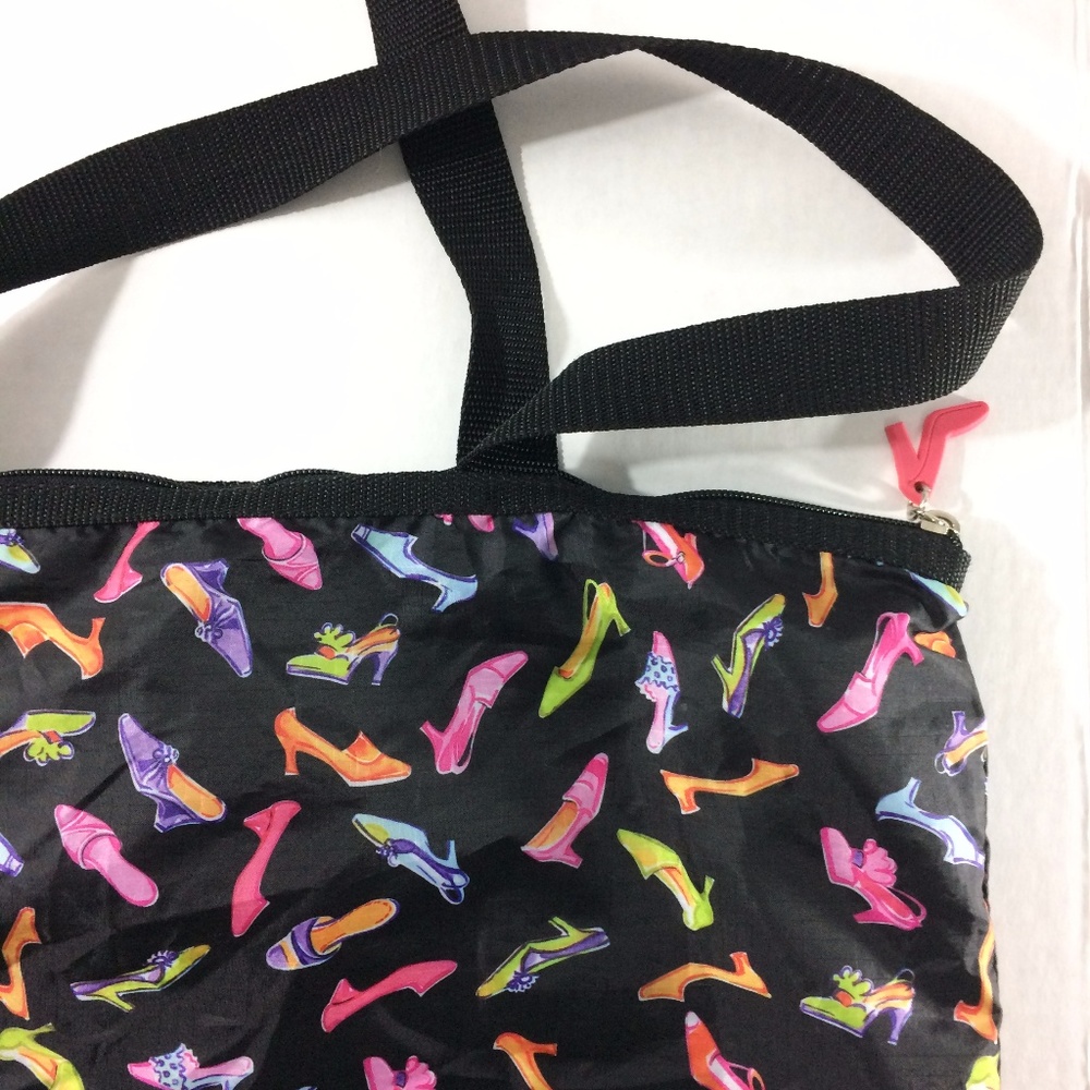 90s Black Large Zipper Soft Tote with Shoe Print - Picture 4 of 8